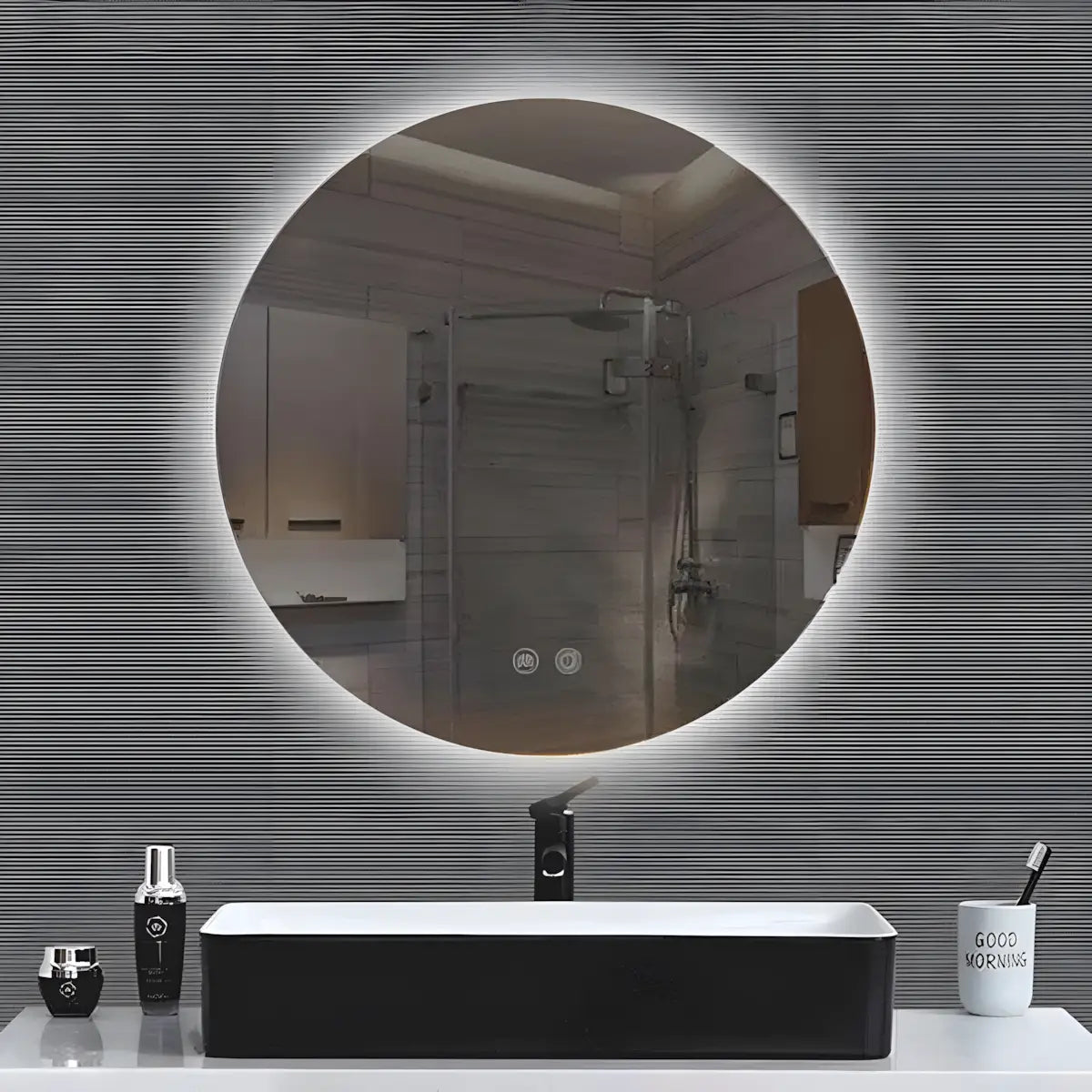 Oglinda Baie Gri J1583 cu Lumina LED si Functie Dezaburire, Dimensiune R70cm-Diplon