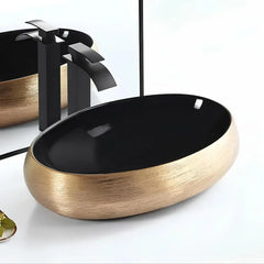 Lavoar Baie pe Blat WB6301GL 60x40cm, Material Portelan, Culoare Negru si Auriu, Fara Preaplin-Diplon