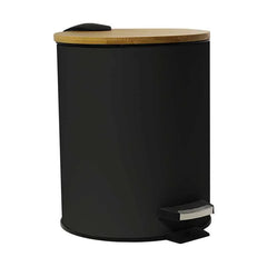 Cos De Gunoi Metalic Cu Capac Din Bambus, SL8606BL-5L, Cu Pedala Pentru Deschidere, Culoare Negru, Capacitate 5 Litri