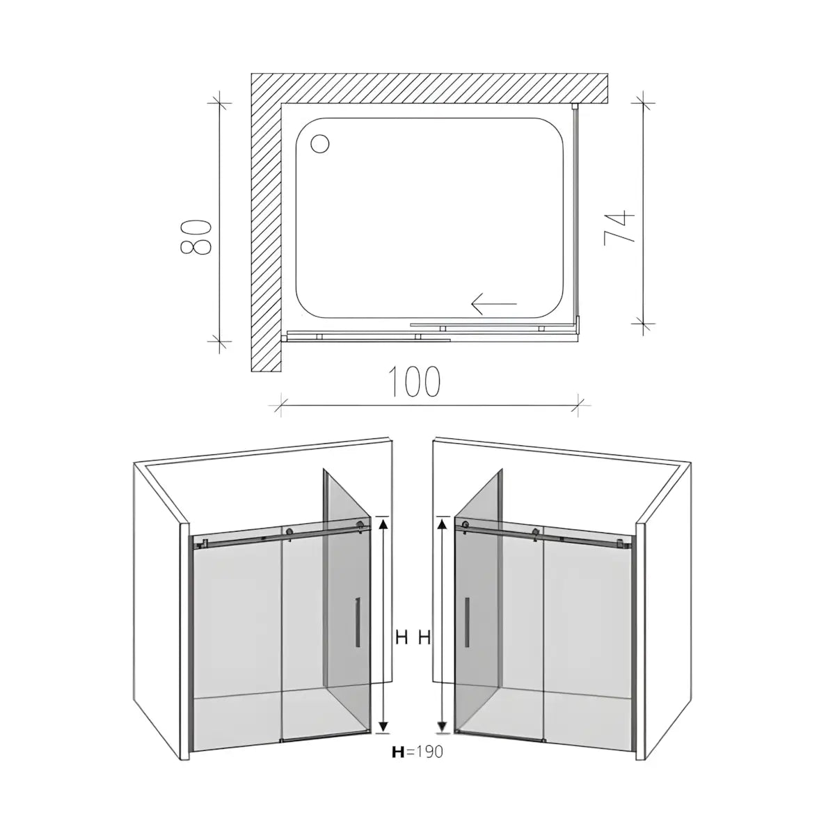 Cabina de dus BR6610CG, Dimensiune 80x100cm, Sticla Securizata Gri 8mm, Profil Negru, Usa culisanta