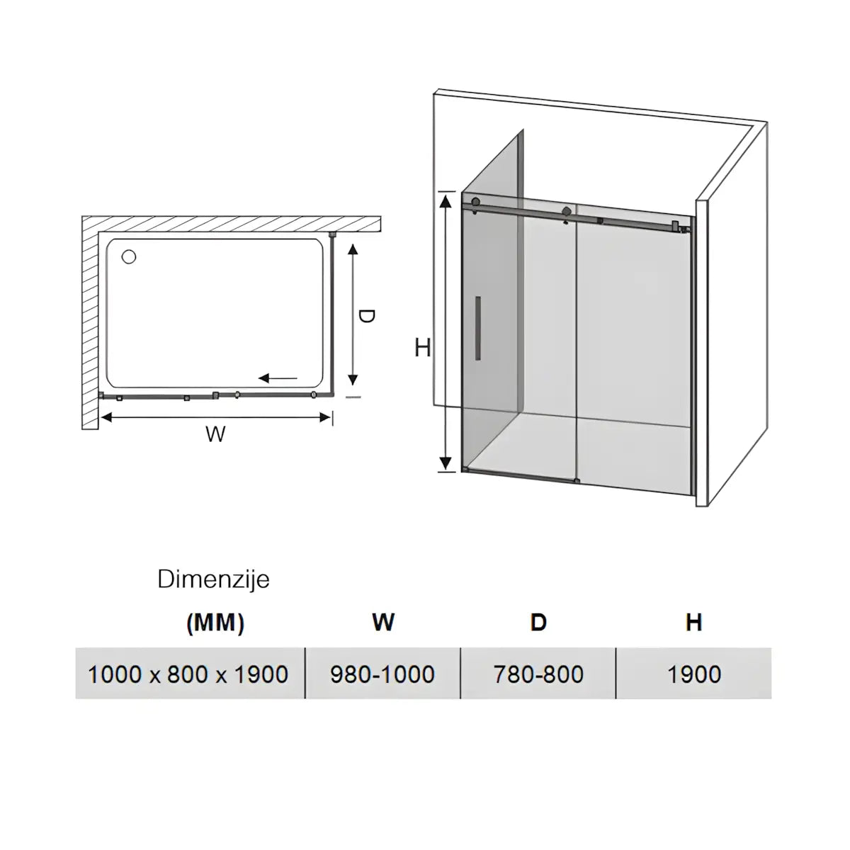 Cabina de dus BR6610, Dimensiune 80x100cm, Sticla Securizata 8mm, Profil Cromat, Usa culisanta