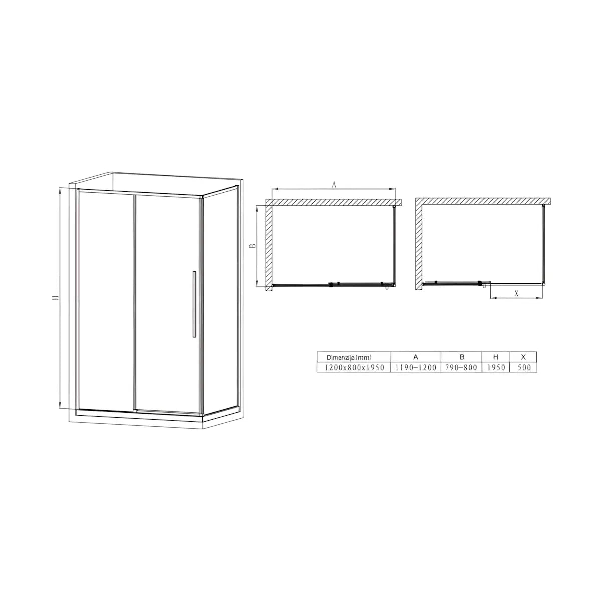 Cabina de dus BR6612CA 80X120cm, Sticla Securizata, Profil Aluminiu Negru