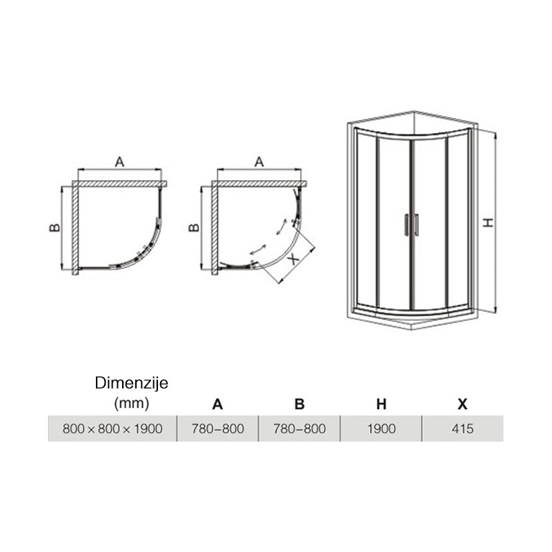 Cabina de dus BR6691AA 80X80cm, Sticla Securizata, Cadru Aluminiu, Usi Culisante