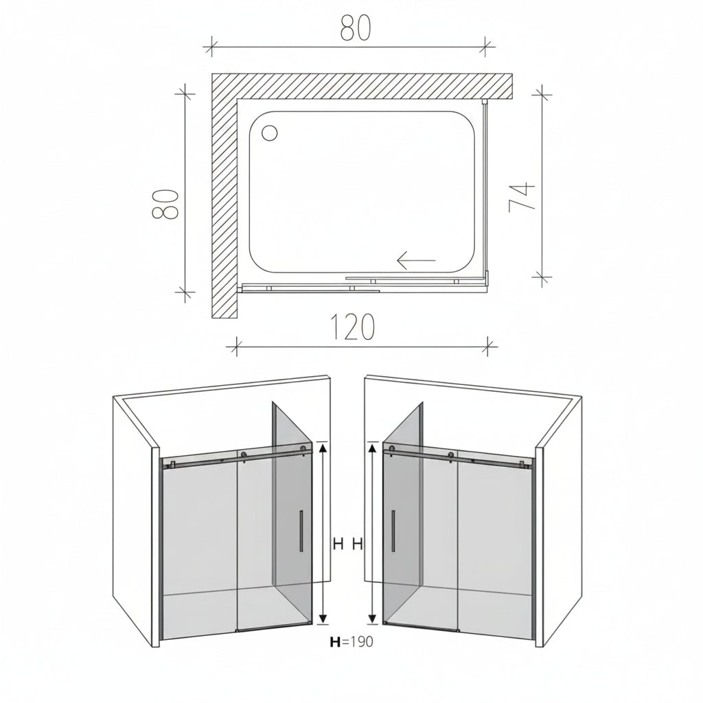 Cabina De Dus Gal 80x100cm, Sticla Securizata Gri 8mm, Profil Aluminiu Negru, Usa Culisanta