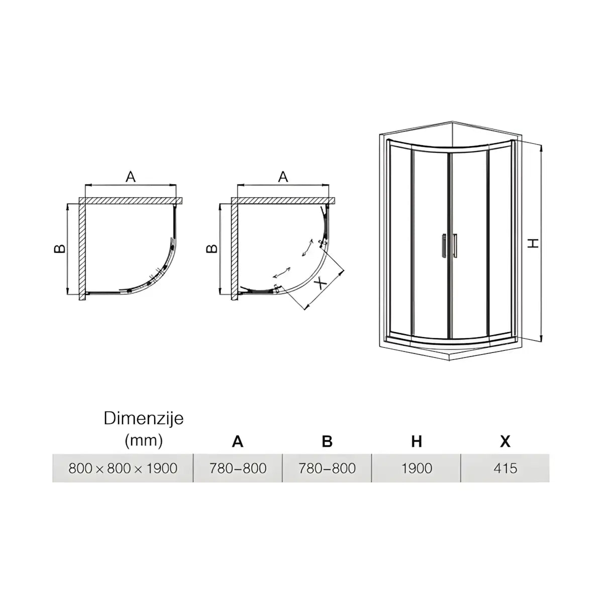 Cabina De Dus Semirotunda Pan R80cm Outlet, Sticla Securizata, Profil Aluminiu Cromat, Usi Culisante-Diplon