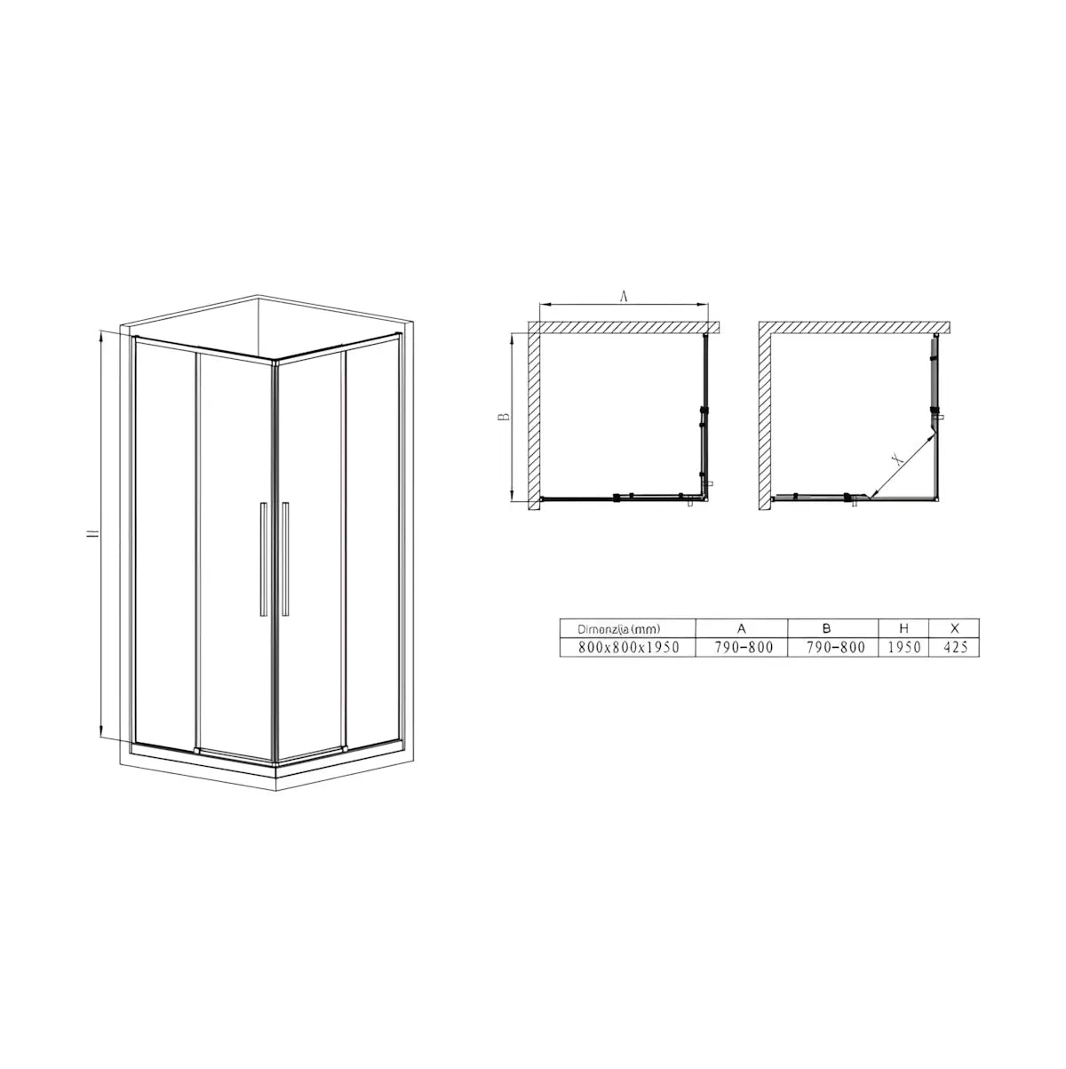 Cabina de dus BR6631CA 80X80cm, Sticla Securizata 6mm, Profil Aluminiu Negru, Usi Culisante-Diplon