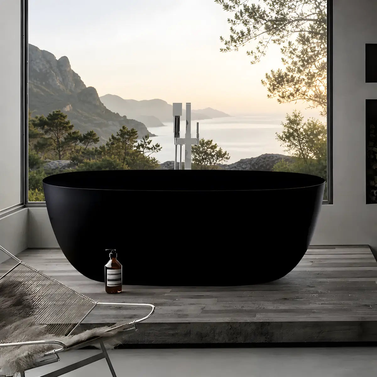 Cada Baie Freestanding Greta 160x80cm, Acril, Ovala, Finisaj Negru