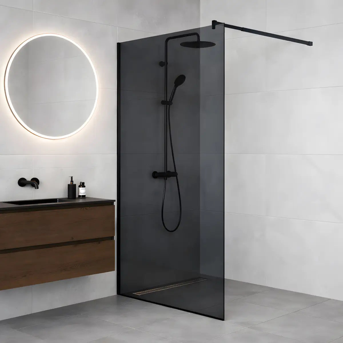 Paravan Dus Walk-In Una 90x195cm Outlet, Sticla Fumurie 8mm, Profil Aluminiu Negru-Diplon