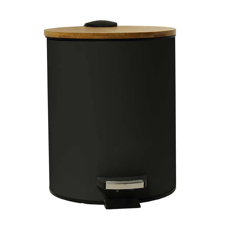 Cos De Gunoi Metalic Cu Capac Din Bambus, SL8606BL-5L, Cu Pedala Pentru Deschidere, Culoare Negru, Capacitate 5 Litri