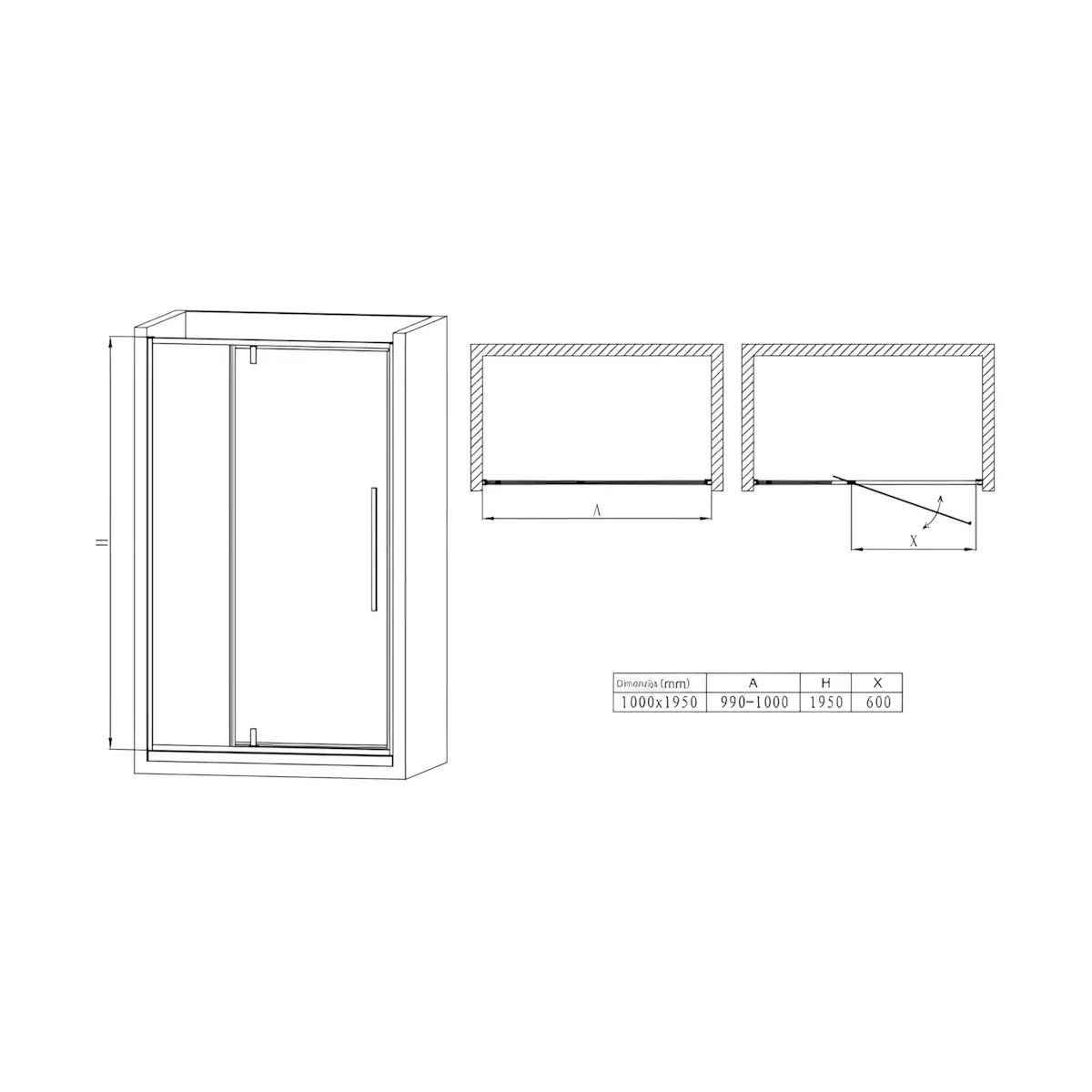Usa De Dus Oto 100cm, Sticla Securizata 6mm, Profil Aluminiu Negru, Usa Batanta-Diplon